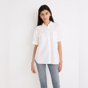 XS Madewell Lightspun Short-Sleeve Flap-Pocket Shirt white cotton gauze NWT